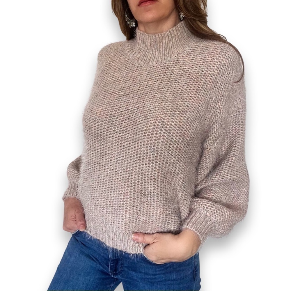 Joie Martika Pink sky knit sweater Fuzzy Ballon Sleeves mock neck